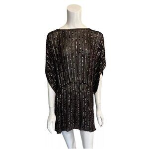 Y2K Parker Sequin And Beaded Silk Mini Dress Or Tunic Black Silver Gold XS